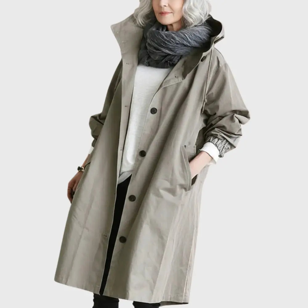 Rosie | Wasserdichter Trenchcoat mit Kapuze, langer Damenregenmantel