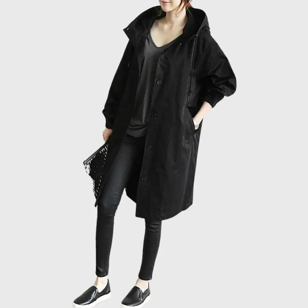 Rosie | Wasserdichter Trenchcoat mit Kapuze, langer Damenregenmantel