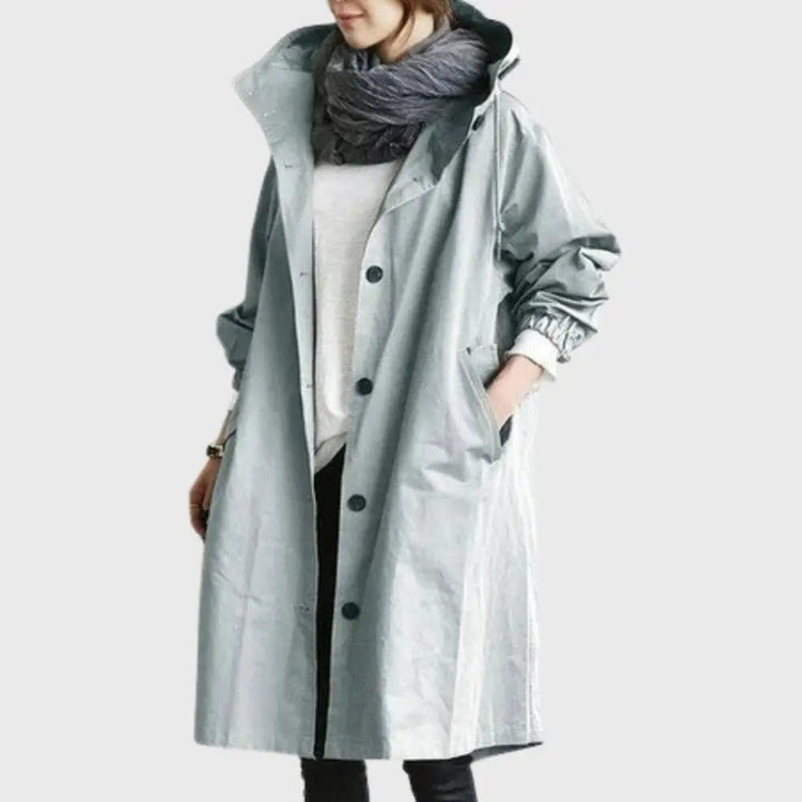 Rosie | Wasserdichter Trenchcoat mit Kapuze, langer Damenregenmantel