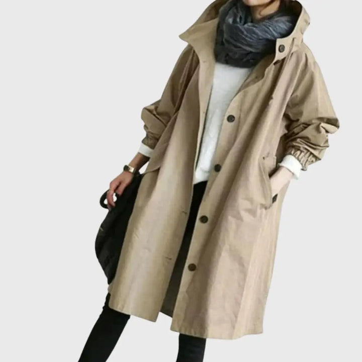 Rosie | Wasserdichter Trenchcoat mit Kapuze, langer Damenregenmantel
