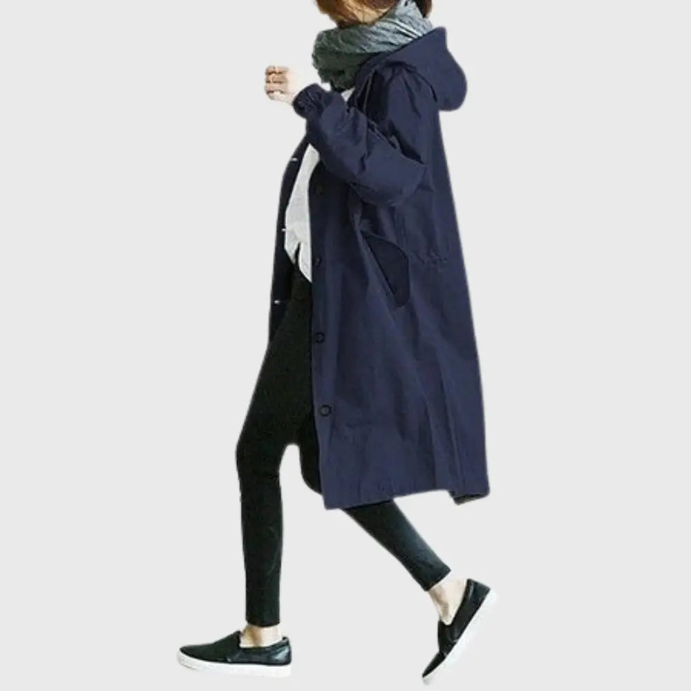 Rosie | Wasserdichter Trenchcoat mit Kapuze, langer Damenregenmantel