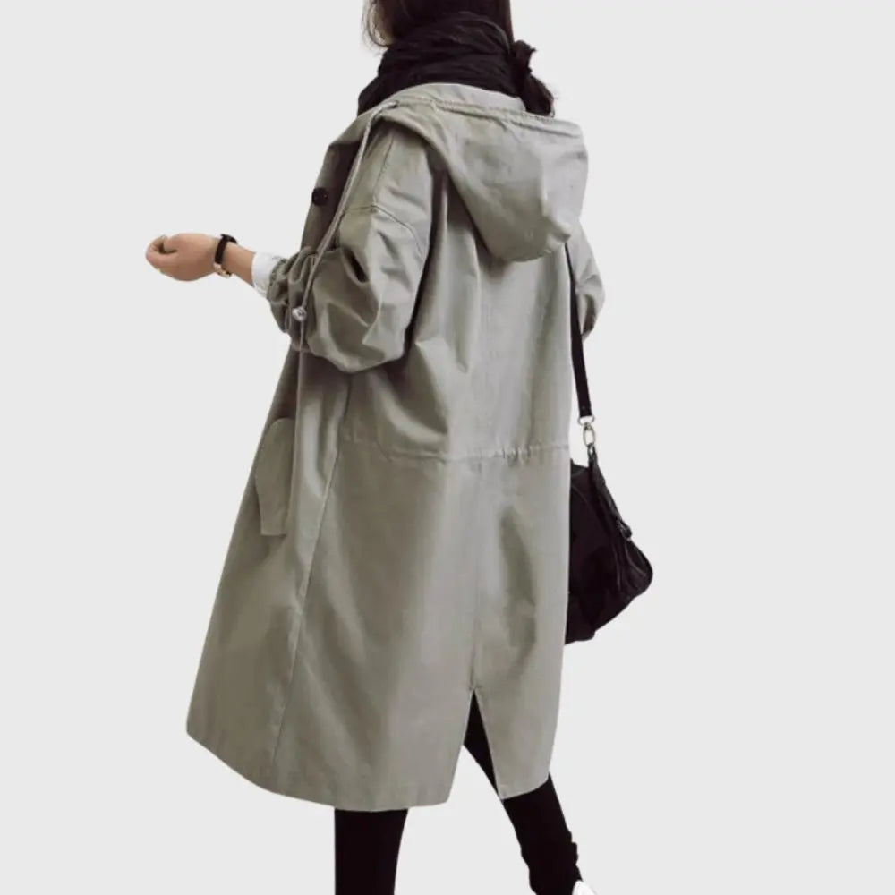 Rosie | Wasserdichter Trenchcoat mit Kapuze, langer Damenregenmantel