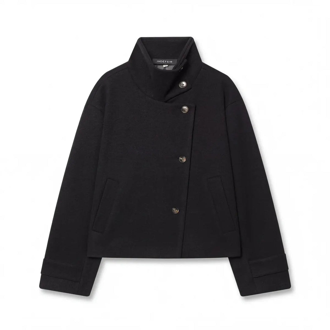 Scarlett | Damenmantel aus Wolle, asymmetrischer Knopf, Stehkragenjacke