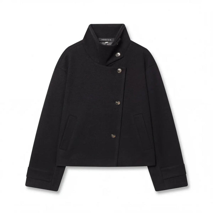 Scarlett | Damenmantel aus Wolle, asymmetrischer Knopf, Stehkragenjacke