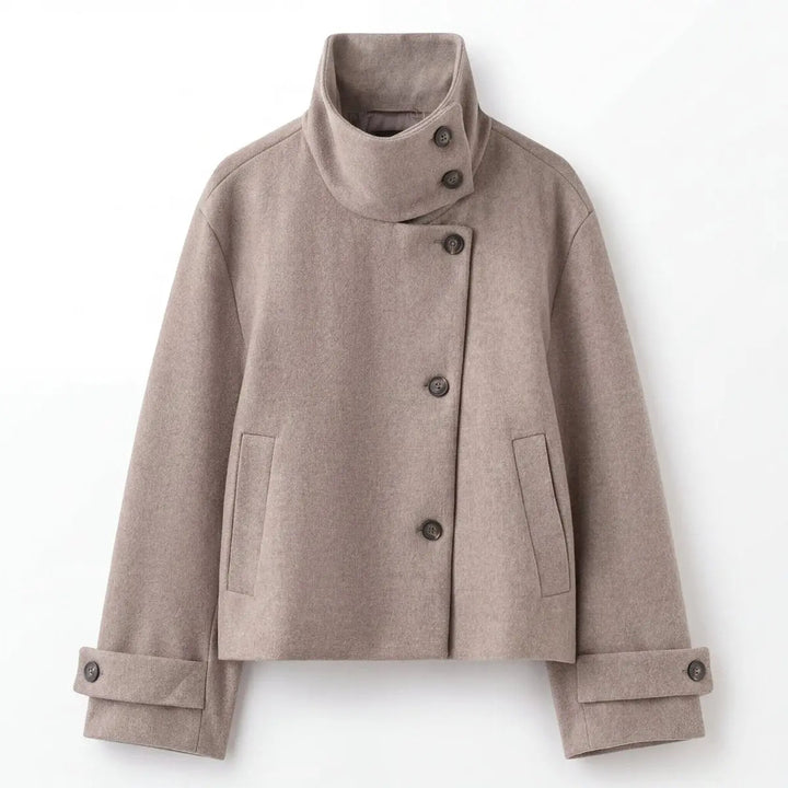 Scarlett | Damenmantel aus Wolle, asymmetrischer Knopf, Stehkragenjacke