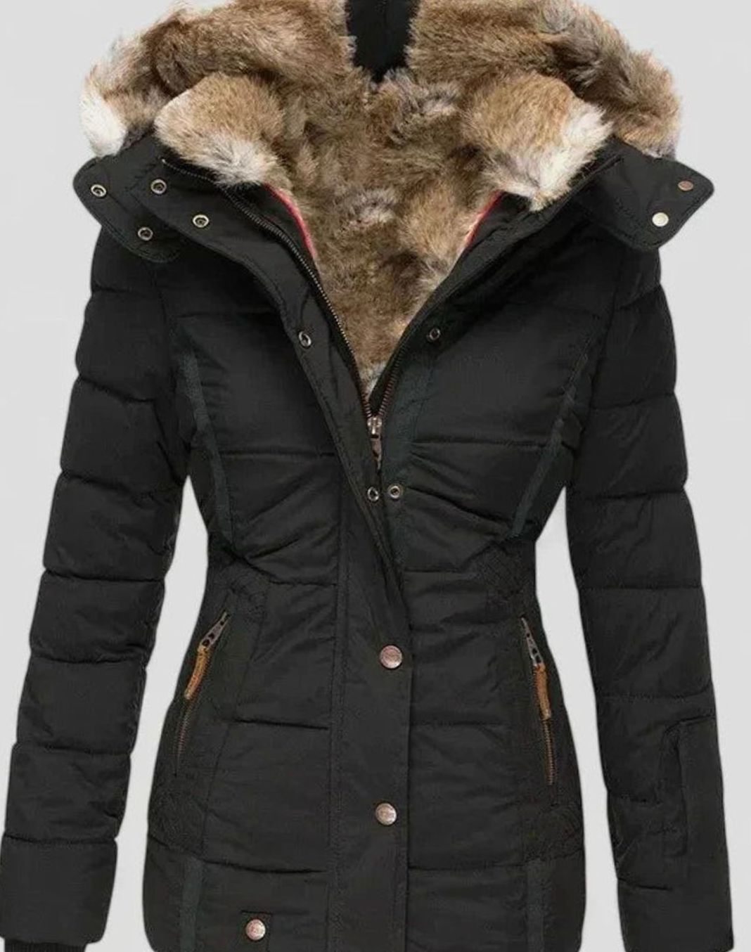 Evelyn | Damen Winterjacke aus Kunstfell mit Kapuze und Steppdesign