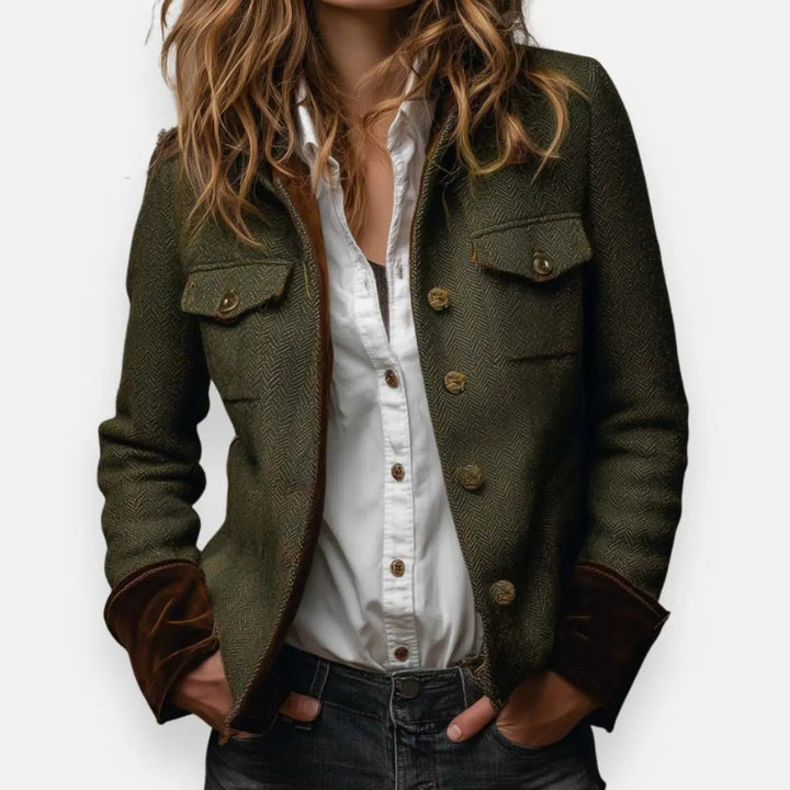 Mia | Damen Herringbone Tweed Utility Steppjacke mit goldenen Knopfdetails