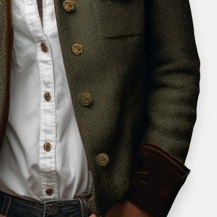 Mia | Damen Herringbone Tweed Utility Steppjacke mit goldenen Knopfdetails