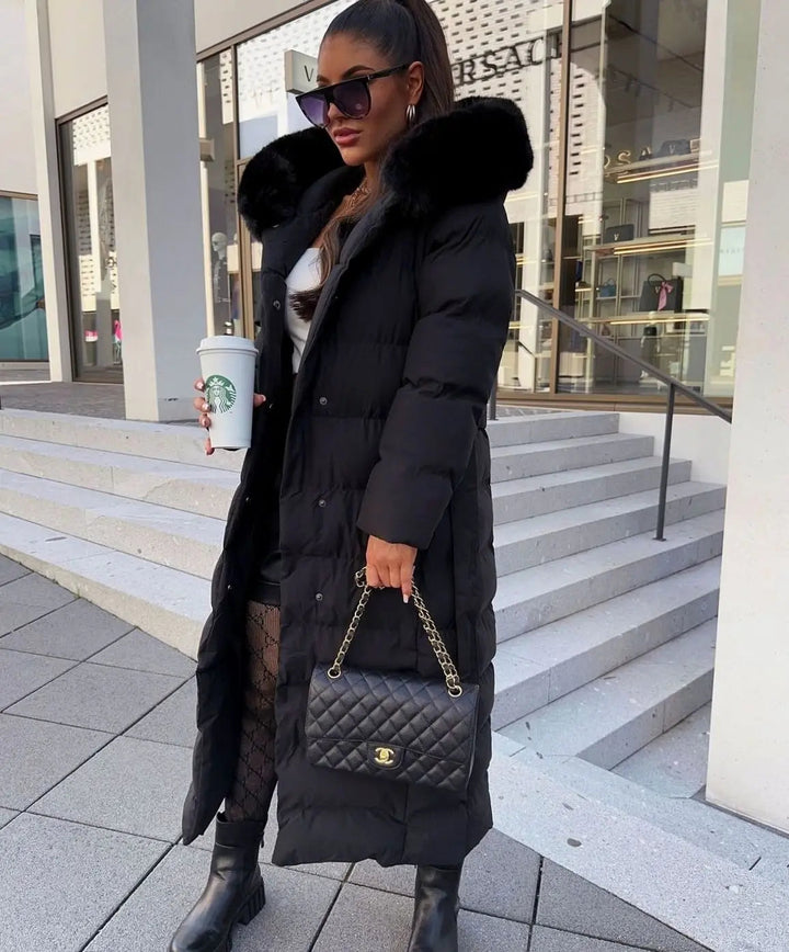 Aria | Damen Lange Gürtel Pufferjacke mit Fellkapuze