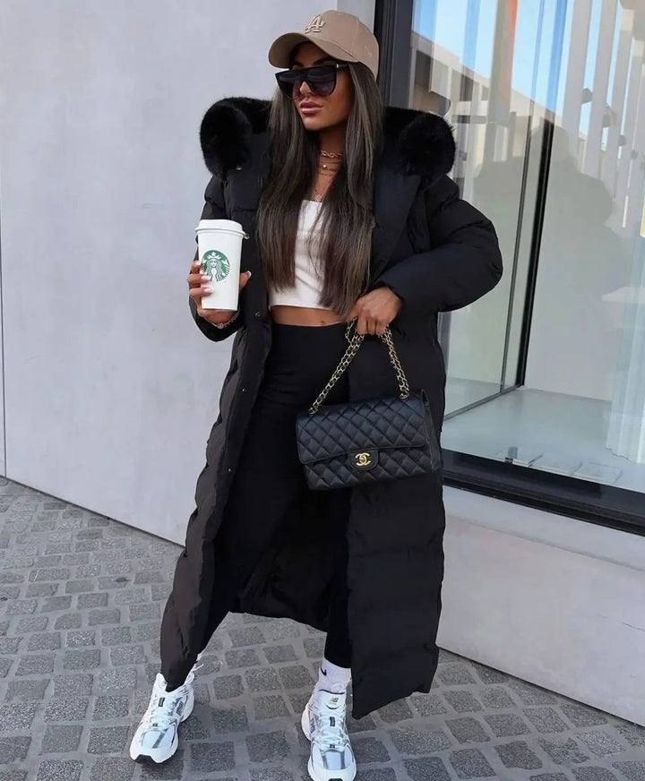 Aria | Damen Lange Gürtel Pufferjacke mit Fellkapuze