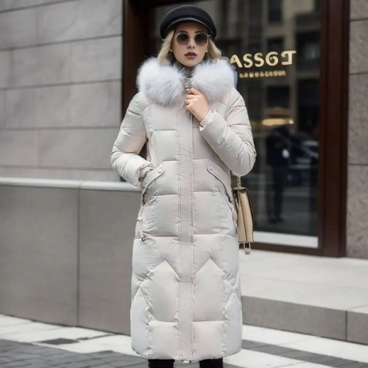 Lily | Damen Lange Kapuzenjacke mit Kunstfellbesatz und Steppung