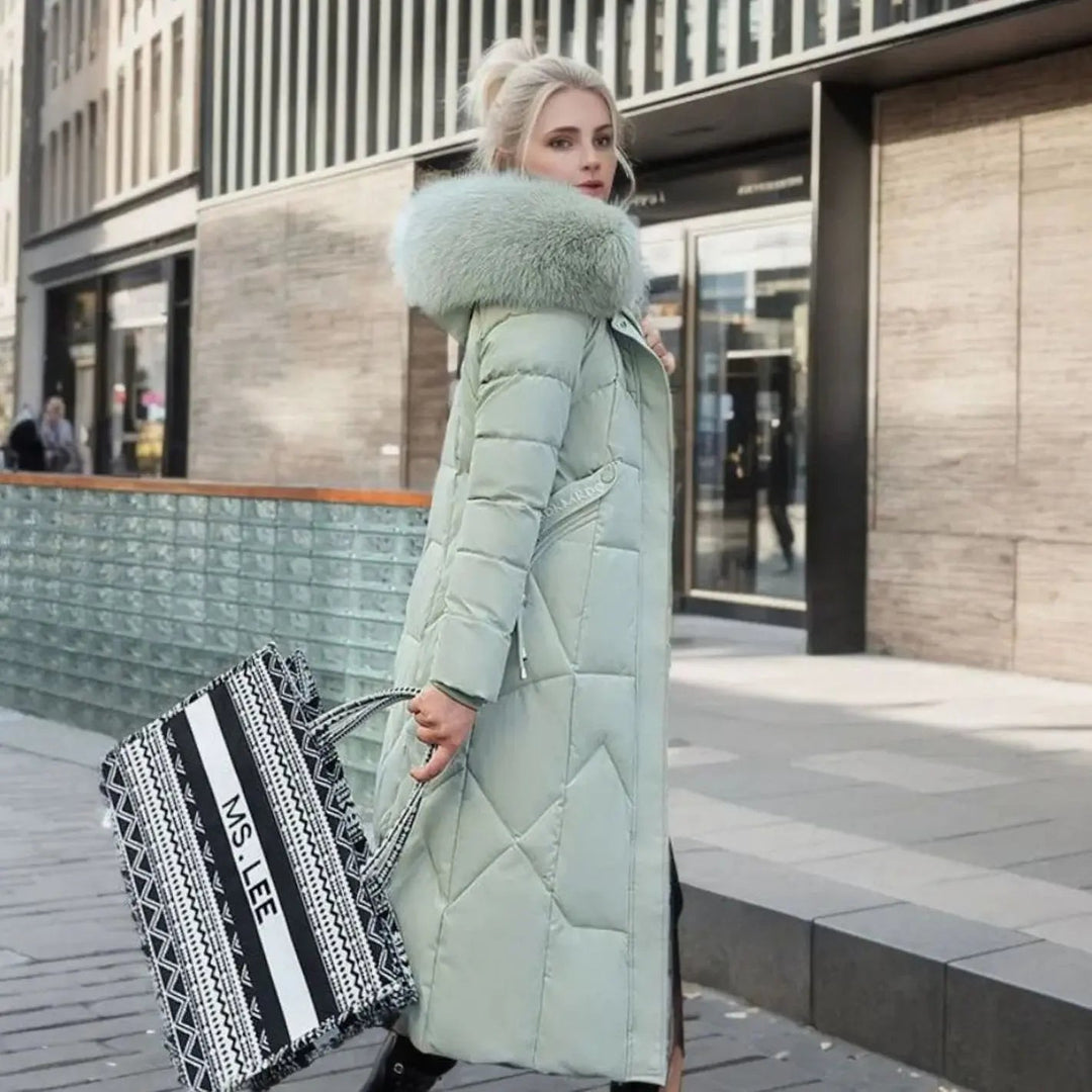 Lily | Damen Lange Kapuzenjacke mit Kunstfellbesatz und Steppung