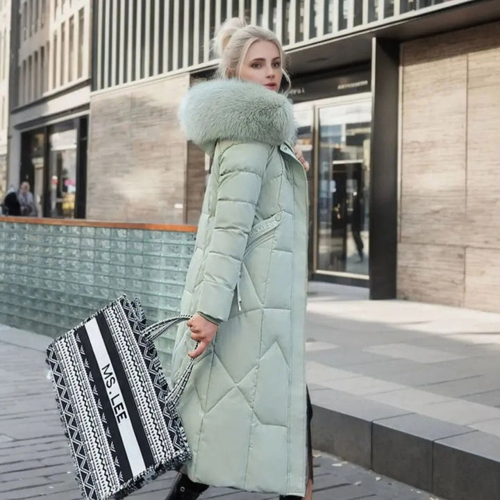 Lily | Damen Lange Kapuzenjacke mit Kunstfellbesatz und Steppung