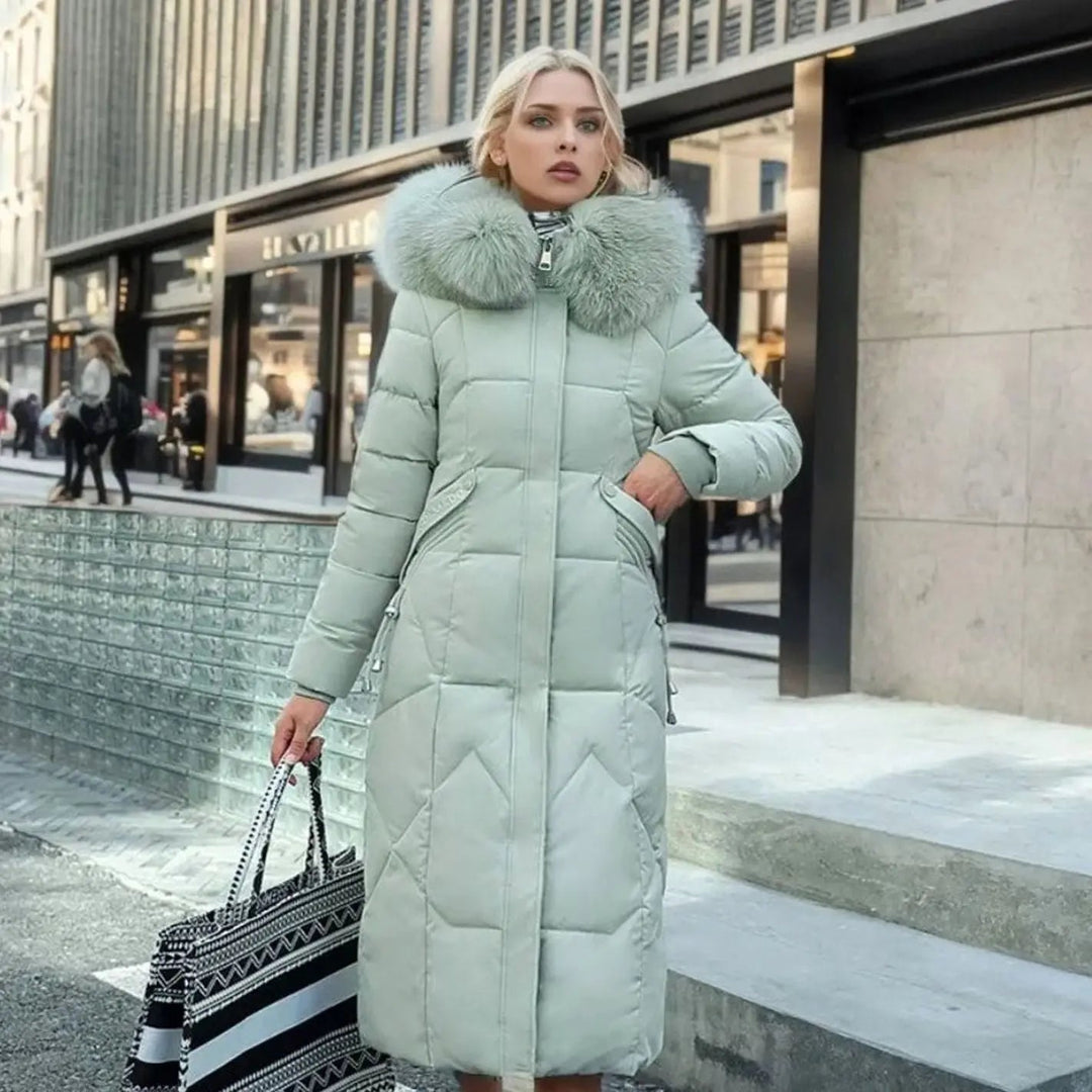 Lily | Damen Lange Kapuzenjacke mit Kunstfellbesatz und Steppung