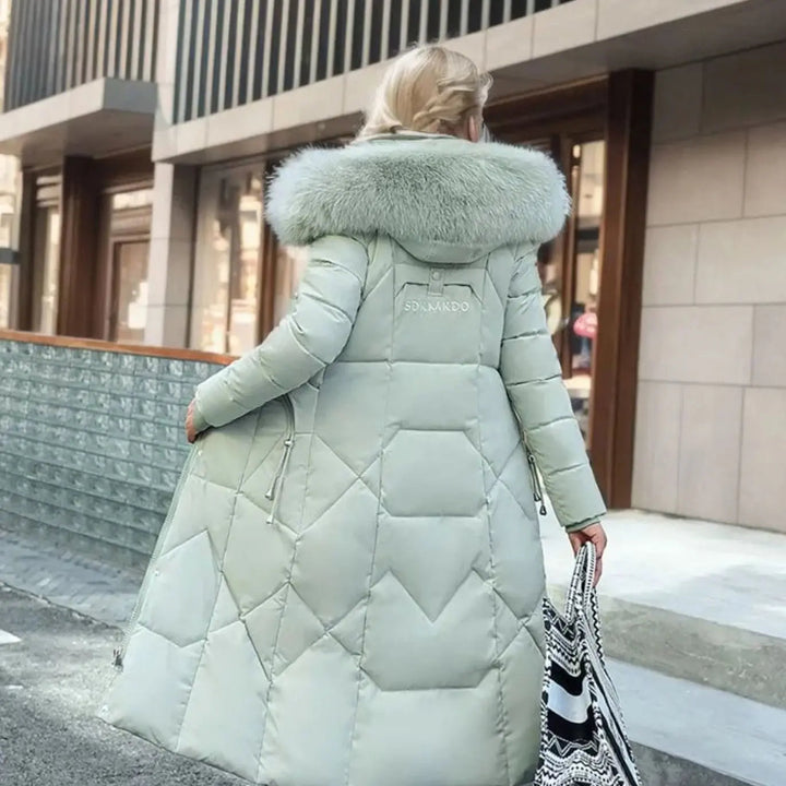 Lily | Damen Lange Kapuzenjacke mit Kunstfellbesatz und Steppung
