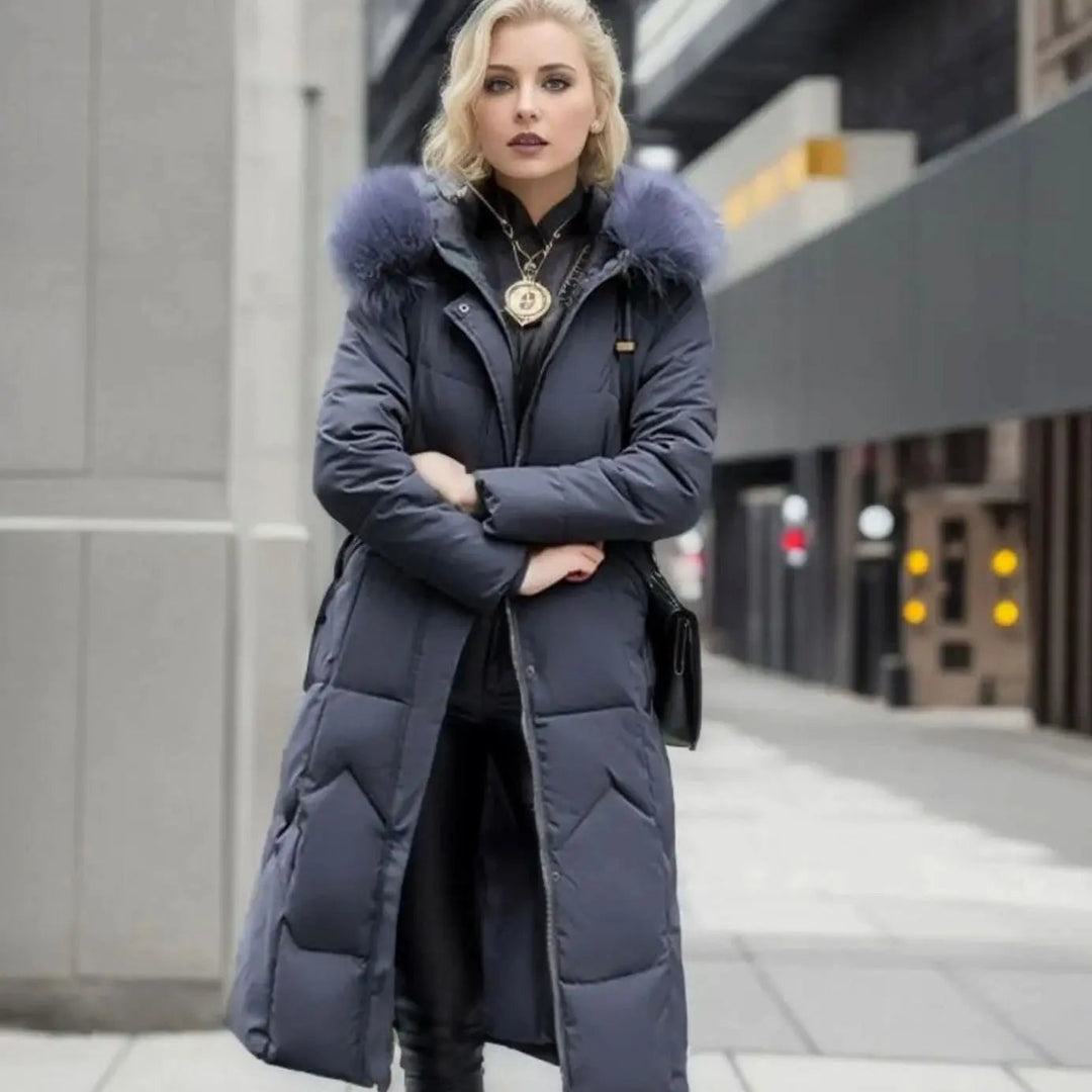 Lily | Damen Lange Kapuzenjacke mit Kunstfellbesatz und Steppung
