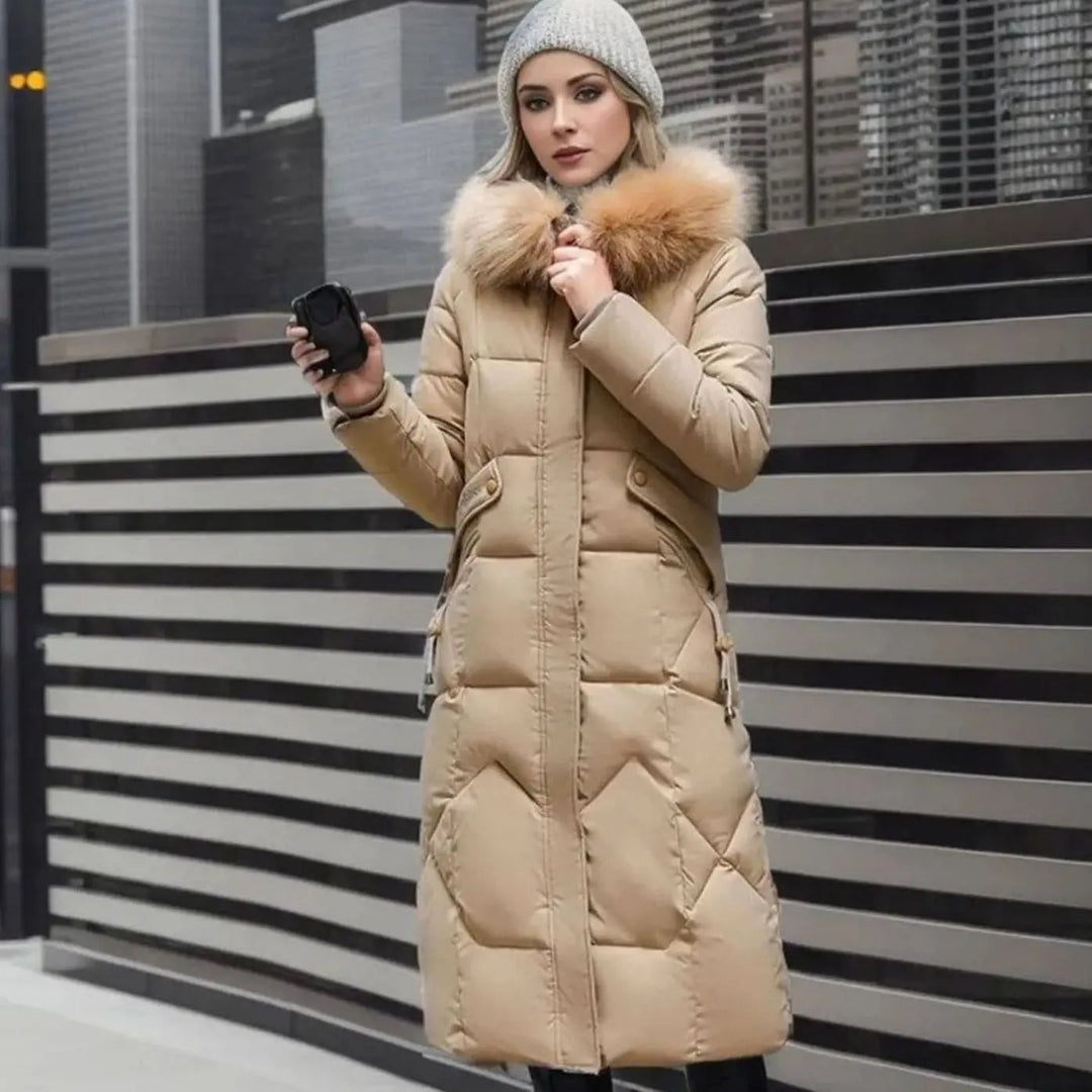 Lily | Damen Lange Kapuzenjacke mit Kunstfellbesatz und Steppung