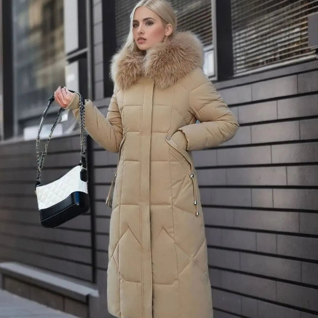 Lily | Damen Lange Kapuzenjacke mit Kunstfellbesatz und Steppung