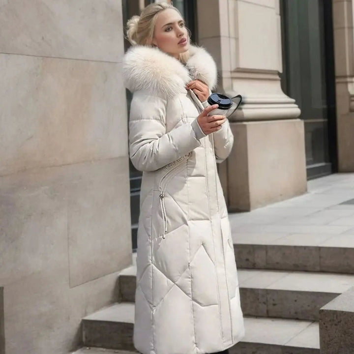 Lily | Damen Lange Kapuzenjacke mit Kunstfellbesatz und Steppung
