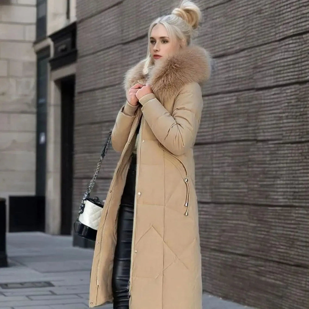 Lily | Damen Lange Kapuzenjacke mit Kunstfellbesatz und Steppung