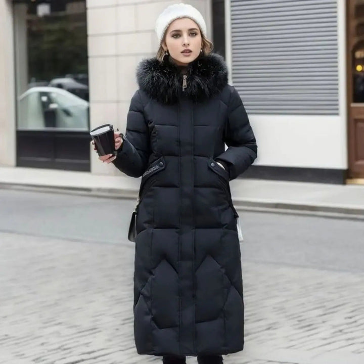 Lily | Damen Lange Kapuzenjacke mit Kunstfellbesatz und Steppung