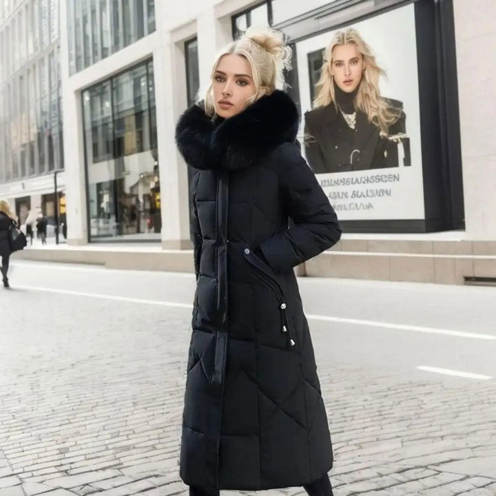 Lily | Damen Lange Kapuzenjacke mit Kunstfellbesatz und Steppung
