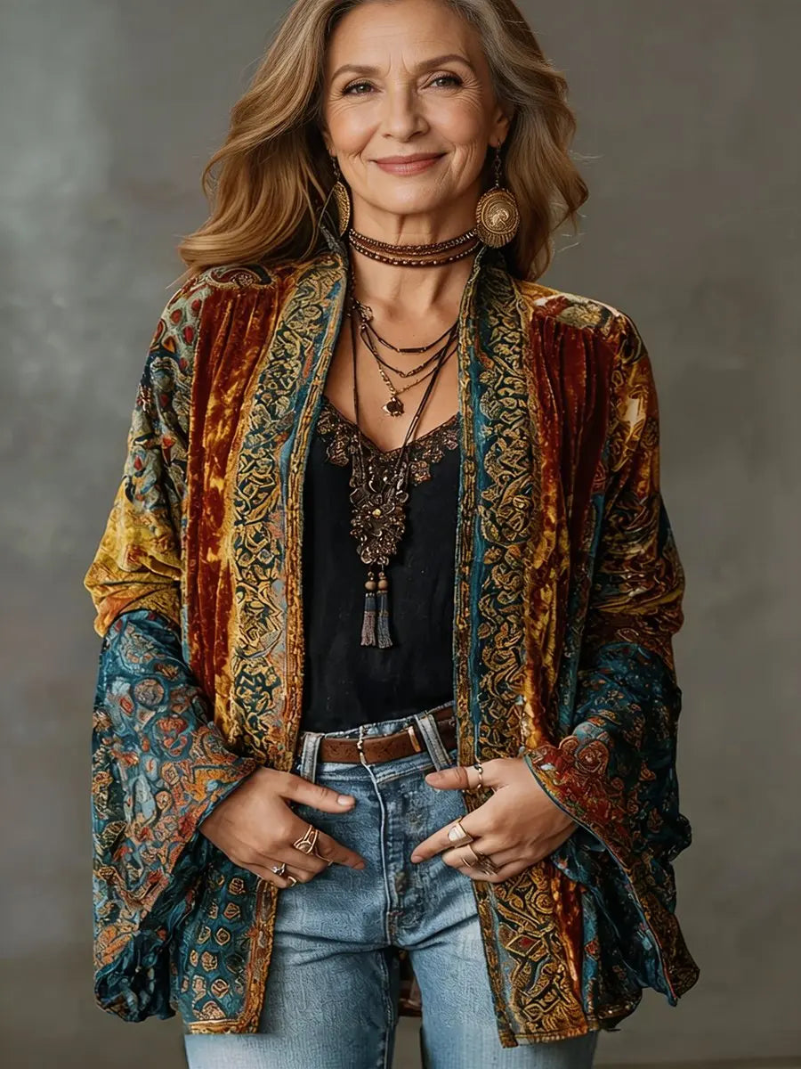 Evelyn | Damen Steppjacke Boho Vintage Kimono Langjacke